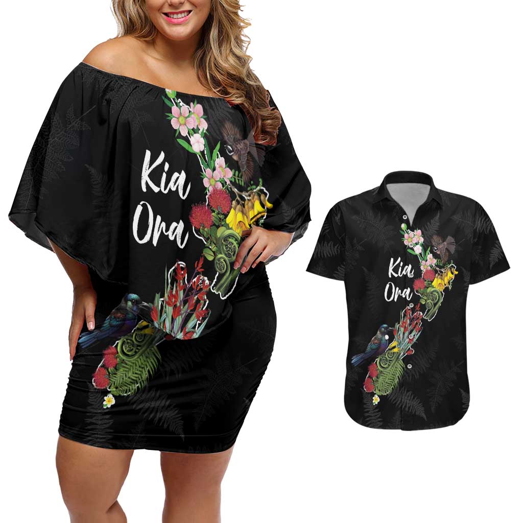 Kia Ora New Zealand Floral Personalized Couples Matching Off Shoulder Short Dress and Hawaiian Shirt Black - Aussie Hoodie