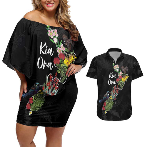 Kia Ora New Zealand Floral Personalized Couples Matching Off Shoulder Short Dress and Hawaiian Shirt Black - Aussie Hoodie
