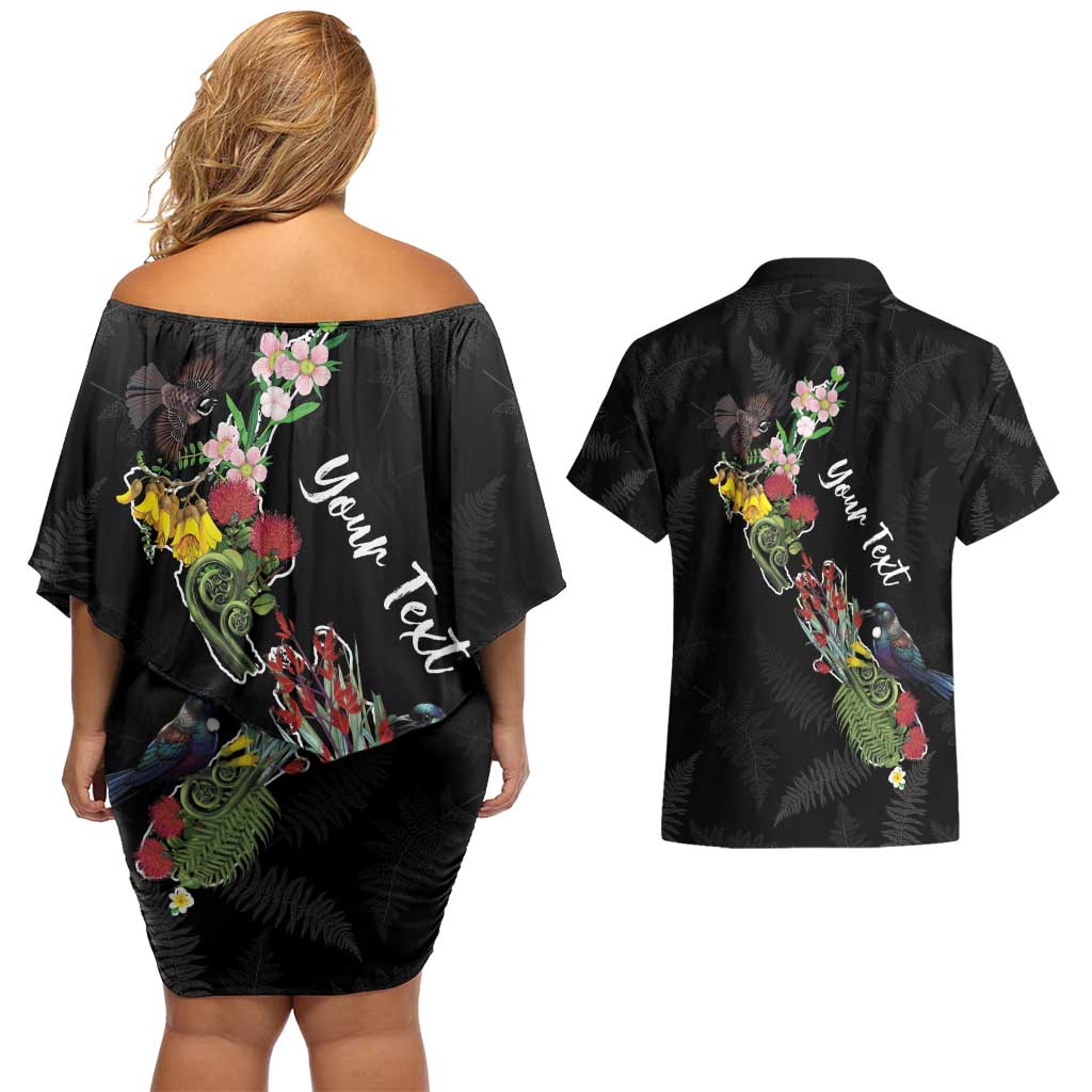 Kia Ora New Zealand Floral Personalized Couples Matching Off Shoulder Short Dress and Hawaiian Shirt Black - Aussie Hoodie