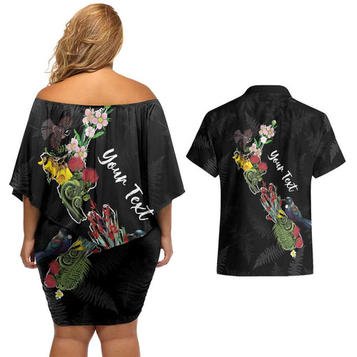 Kia Ora New Zealand Floral Personalized Couples Matching Off Shoulder Short Dress and Hawaiian Shirt Black - Aussie Hoodie