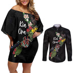 Kia Ora New Zealand Floral Personalized Couples Matching Off Shoulder Short Dress and Long Sleeve Button Shirt Black - Aussie Hoodie
