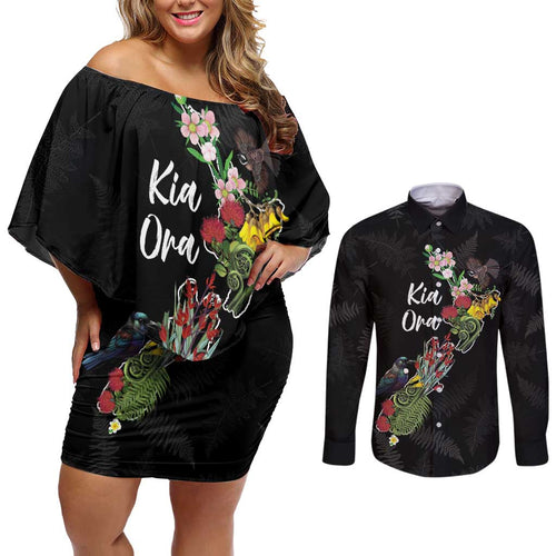 Kia Ora New Zealand Floral Personalized Couples Matching Off Shoulder Short Dress and Long Sleeve Button Shirt Black - Aussie Hoodie