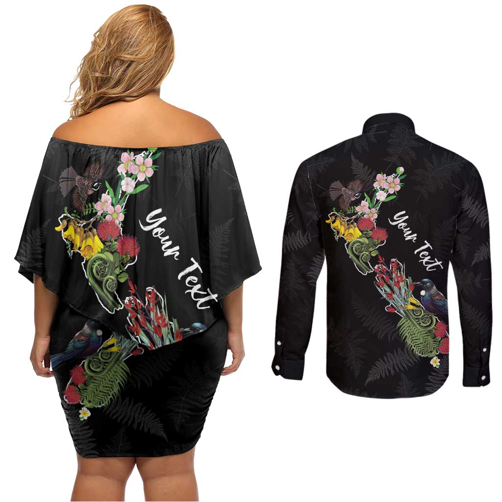 Kia Ora New Zealand Floral Personalized Couples Matching Off Shoulder Short Dress and Long Sleeve Button Shirt Black - Aussie Hoodie