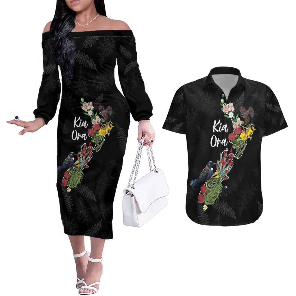 Kia Ora New Zealand Floral Personalized Couples Matching Off The Shoulder Long Sleeve Dress and Hawaiian Shirt Black - Aussie Hoodie