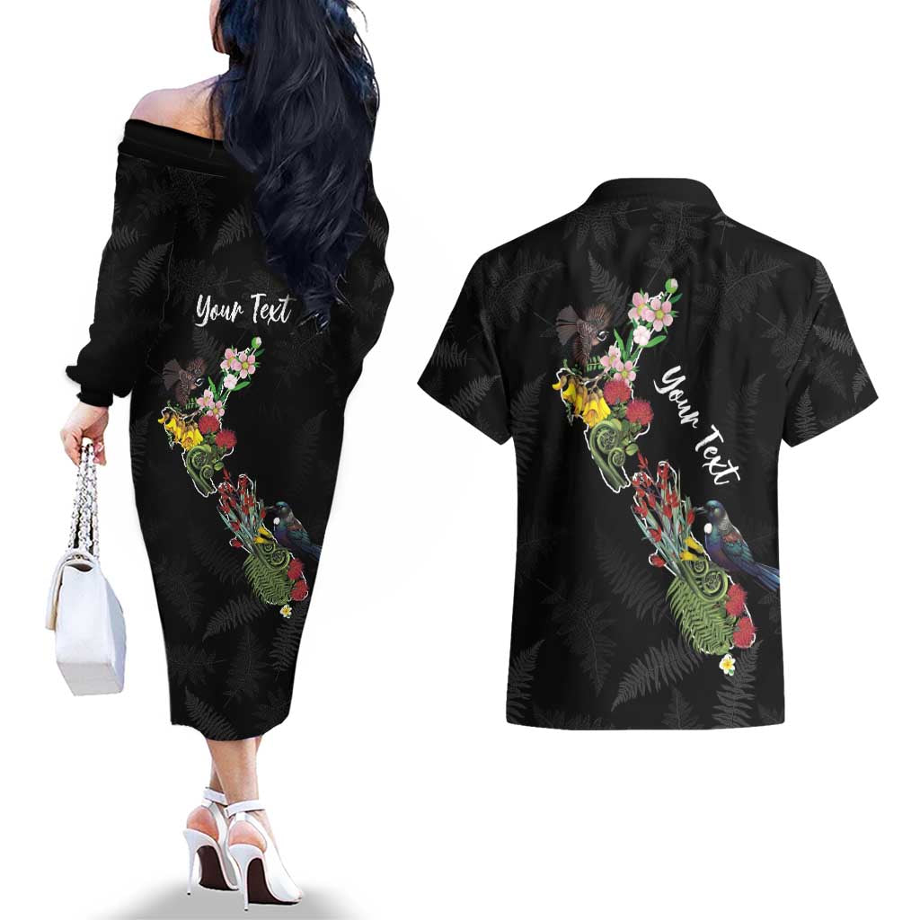 Kia Ora New Zealand Floral Personalized Couples Matching Off The Shoulder Long Sleeve Dress and Hawaiian Shirt Black - Aussie Hoodie