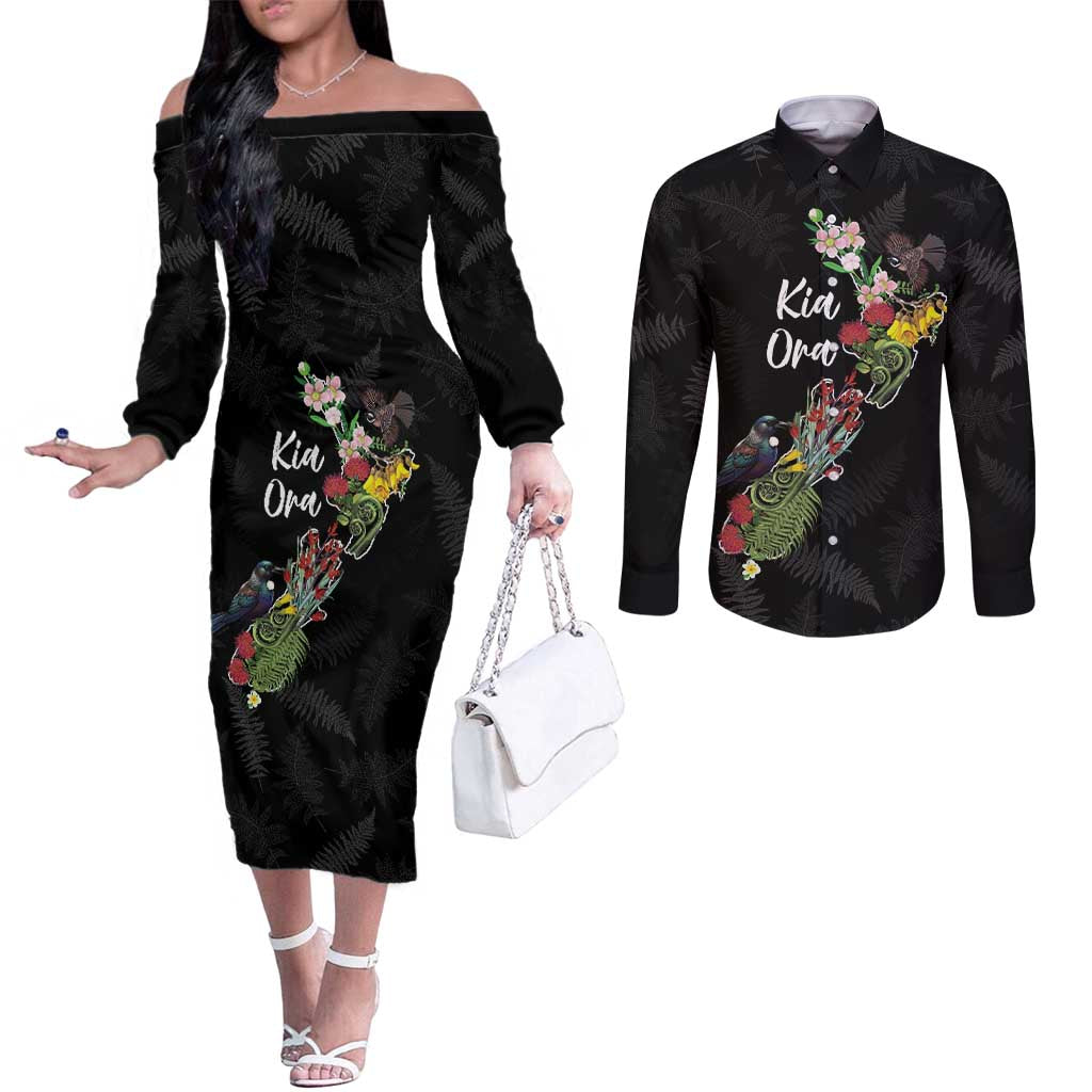 Kia Ora New Zealand Floral Personalized Couples Matching Off The Shoulder Long Sleeve Dress and Long Sleeve Button Shirt Black - Aussie Hoodie