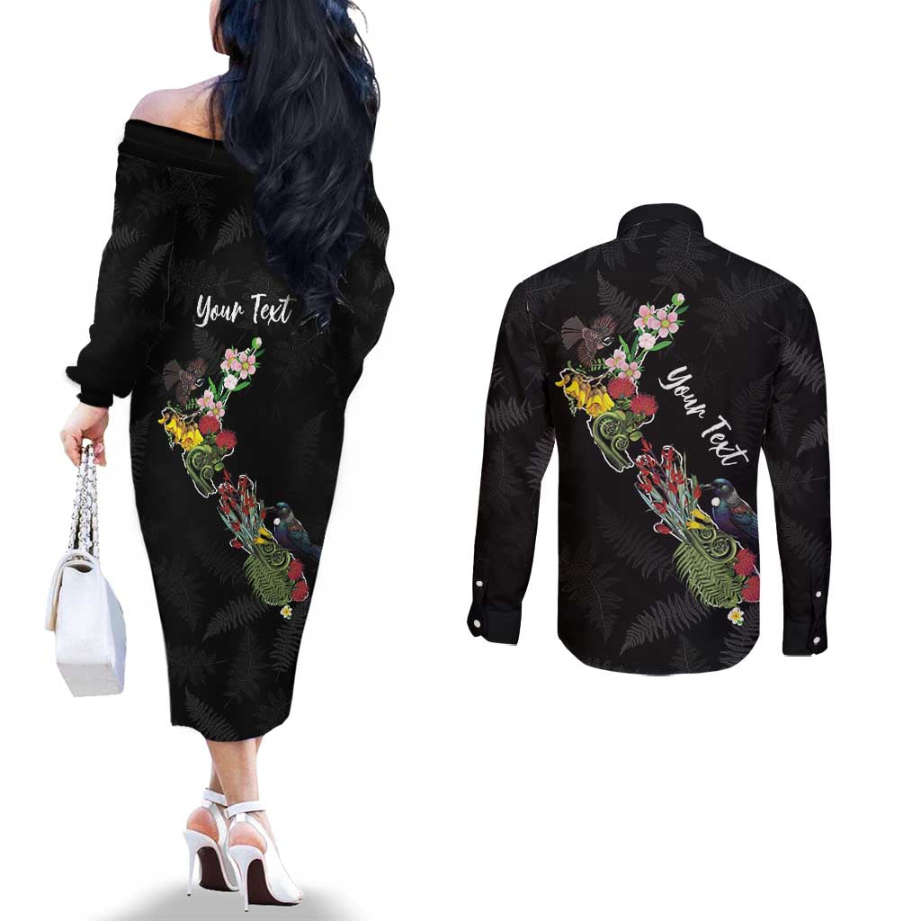Kia Ora New Zealand Floral Personalized Couples Matching Off The Shoulder Long Sleeve Dress and Long Sleeve Button Shirt Black - Aussie Hoodie