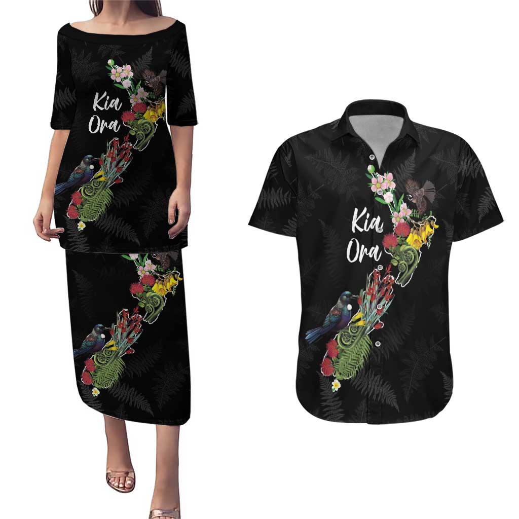 Kia Ora New Zealand Floral Personalized Couples Matching Puletasi and Hawaiian Shirt Black - Aussie Hoodie