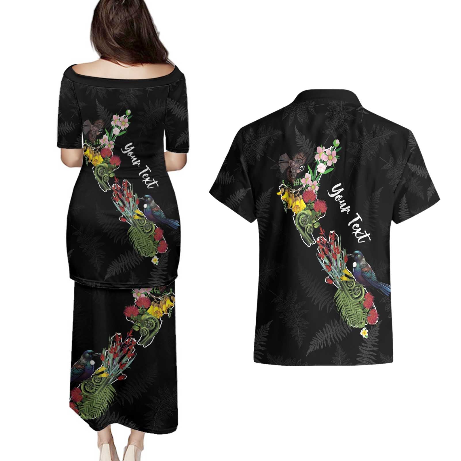 Kia Ora New Zealand Floral Personalized Couples Matching Puletasi and Hawaiian Shirt Black - Aussie Hoodie