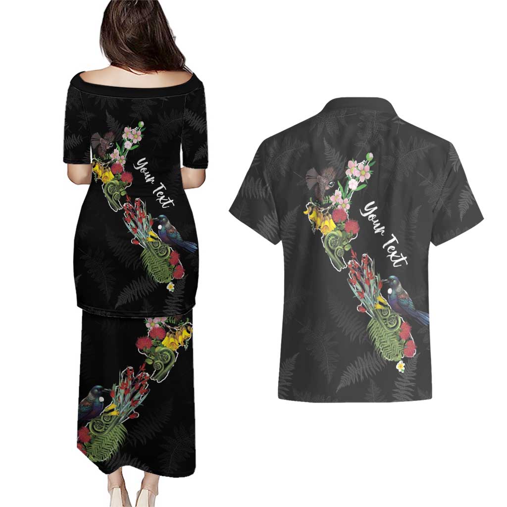 Kia Ora New Zealand Floral Personalized Couples Matching Puletasi and Hawaiian Shirt Black - Aussie Hoodie
