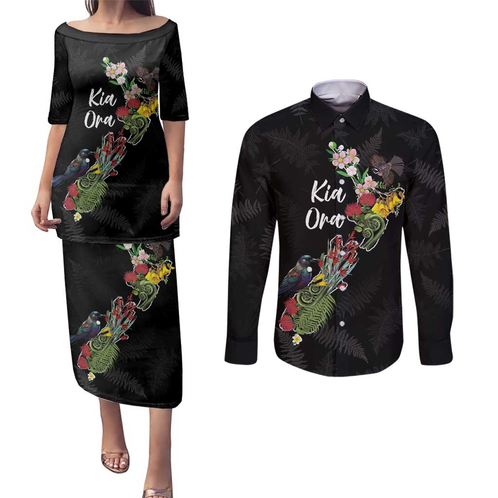 Kia Ora New Zealand Floral Personalized Couples Matching Puletasi and Long Sleeve Button Shirt Black - Aussie Hoodie