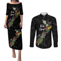 Kia Ora New Zealand Floral Personalized Couples Matching Puletasi and Long Sleeve Button Shirt Black - Aussie Hoodie