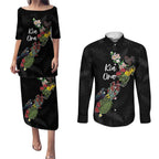 Kia Ora New Zealand Floral Personalized Couples Matching Puletasi and Long Sleeve Button Shirt Black - Aussie Hoodie