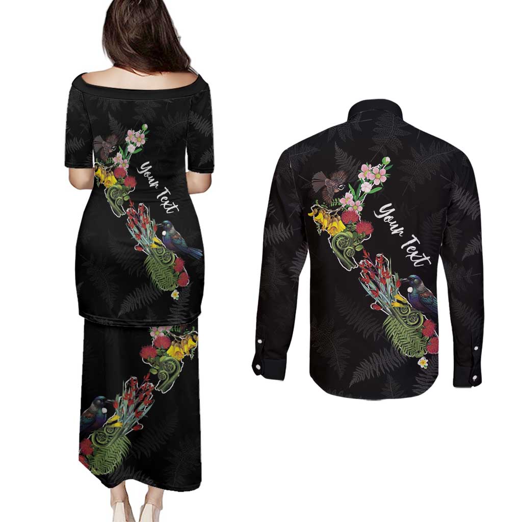 Kia Ora New Zealand Floral Personalized Couples Matching Puletasi and Long Sleeve Button Shirt Black - Aussie Hoodie