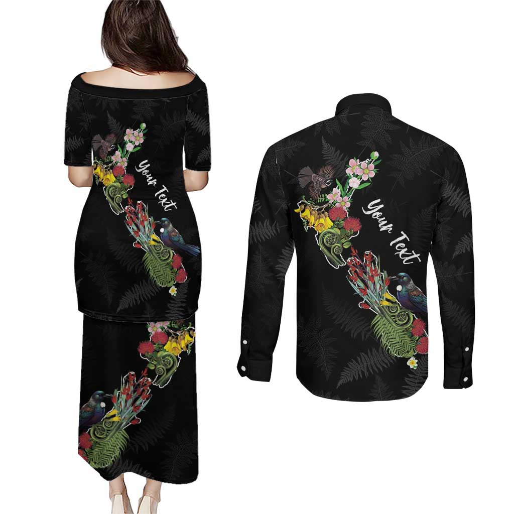 Kia Ora New Zealand Floral Personalized Couples Matching Puletasi and Long Sleeve Button Shirt Black - Aussie Hoodie