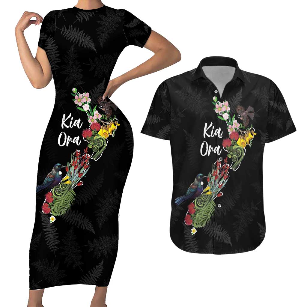 Kia Ora New Zealand Floral Personalized Couples Matching Short Sleeve Bodycon Dress and Hawaiian Shirt Black - Aussie Hoodie