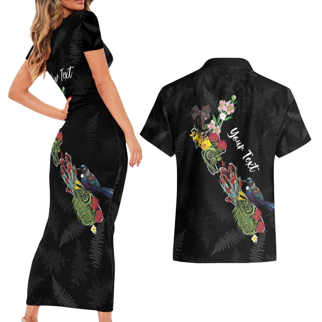 Kia Ora New Zealand Floral Personalized Couples Matching Short Sleeve Bodycon Dress and Hawaiian Shirt Black - Aussie Hoodie