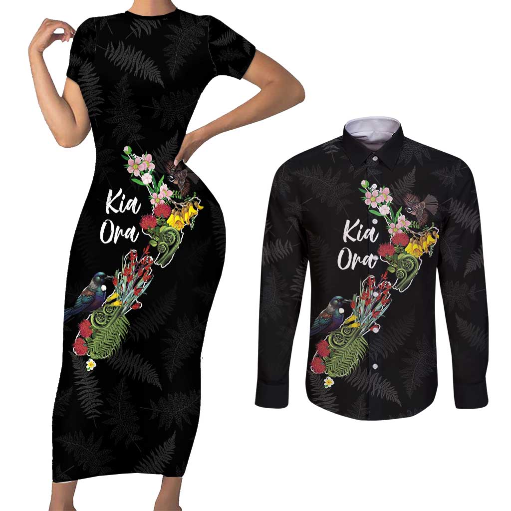 Kia Ora New Zealand Floral Personalized Couples Matching Short Sleeve Bodycon Dress and Long Sleeve Button Shirt Black - Aussie Hoodie