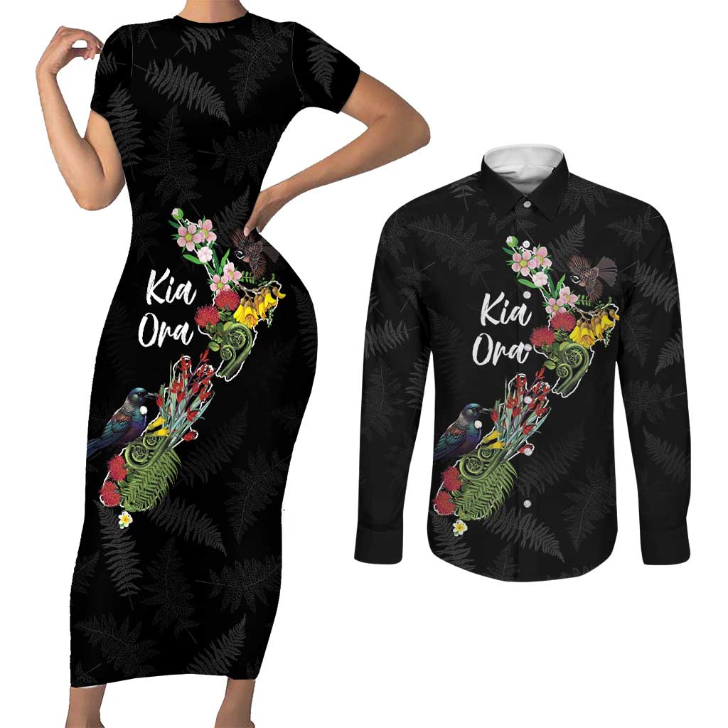 Kia Ora New Zealand Floral Personalized Couples Matching Short Sleeve Bodycon Dress and Long Sleeve Button Shirt Black - Aussie Hoodie