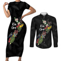 Kia Ora New Zealand Floral Personalized Couples Matching Short Sleeve Bodycon Dress and Long Sleeve Button Shirt Black - Aussie Hoodie