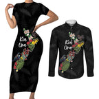 Kia Ora New Zealand Floral Personalized Couples Matching Short Sleeve Bodycon Dress and Long Sleeve Button Shirt Black - Aussie Hoodie