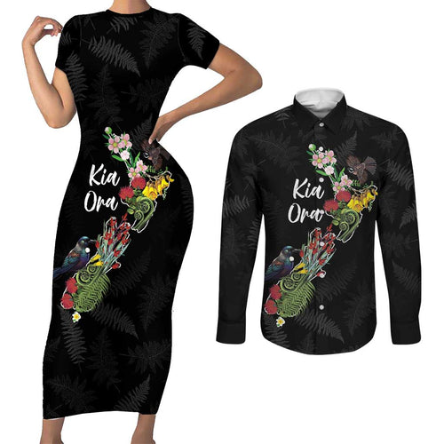 Kia Ora New Zealand Floral Personalized Couples Matching Short Sleeve Bodycon Dress and Long Sleeve Button Shirt Black - Aussie Hoodie
