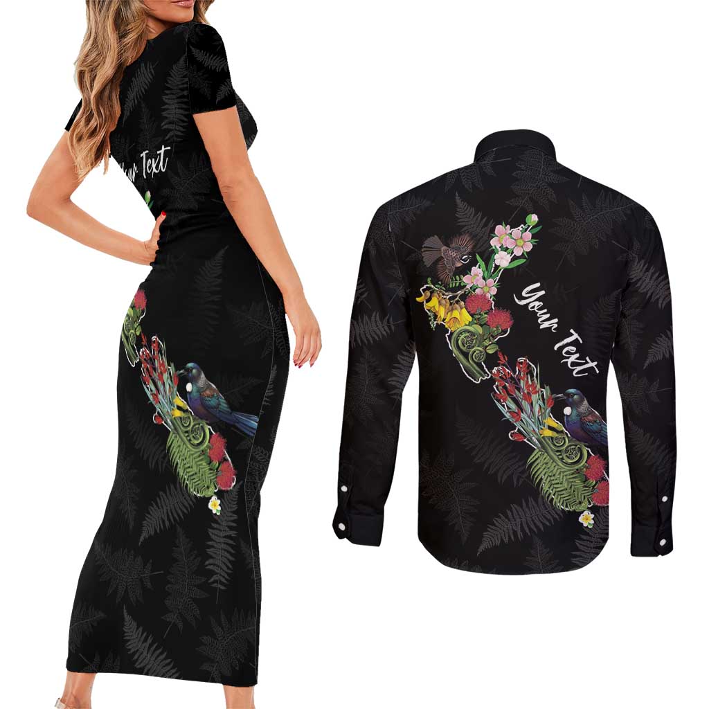 Kia Ora New Zealand Floral Personalized Couples Matching Short Sleeve Bodycon Dress and Long Sleeve Button Shirt Black - Aussie Hoodie