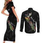 Kia Ora New Zealand Floral Personalized Couples Matching Short Sleeve Bodycon Dress and Long Sleeve Button Shirt Black - Aussie Hoodie
