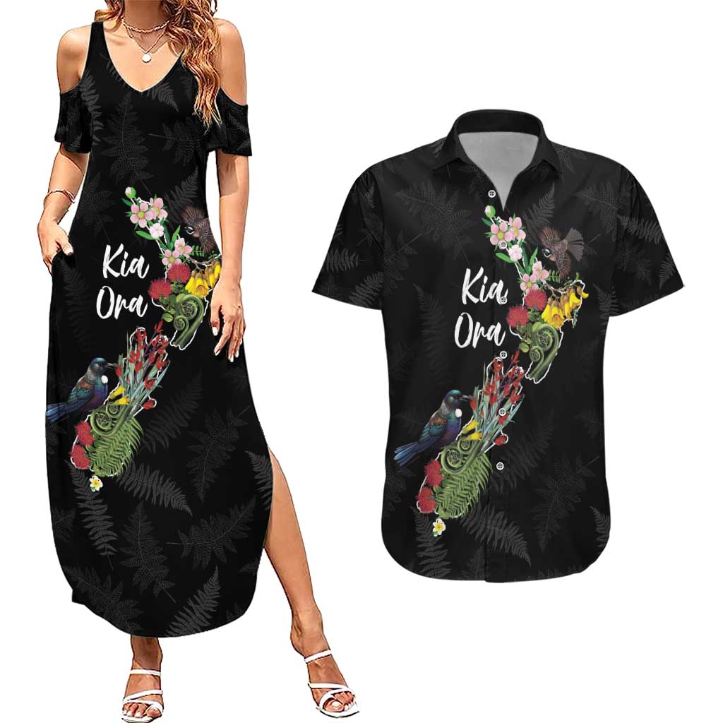 Kia Ora New Zealand Floral Personalized Couples Matching Summer Maxi Dress and Hawaiian Shirt Black - Aussie Hoodie
