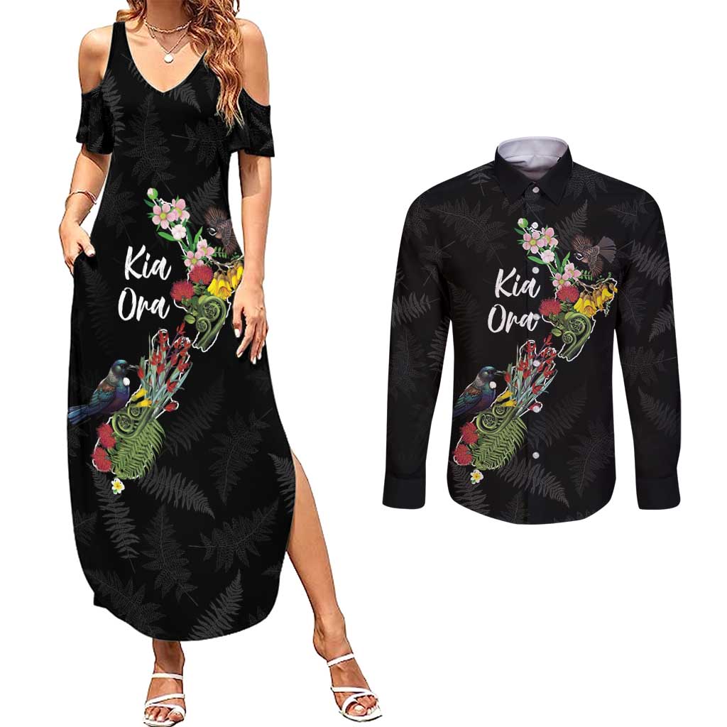 Kia Ora New Zealand Floral Personalized Couples Matching Summer Maxi Dress and Long Sleeve Button Shirt Black - Aussie Hoodie