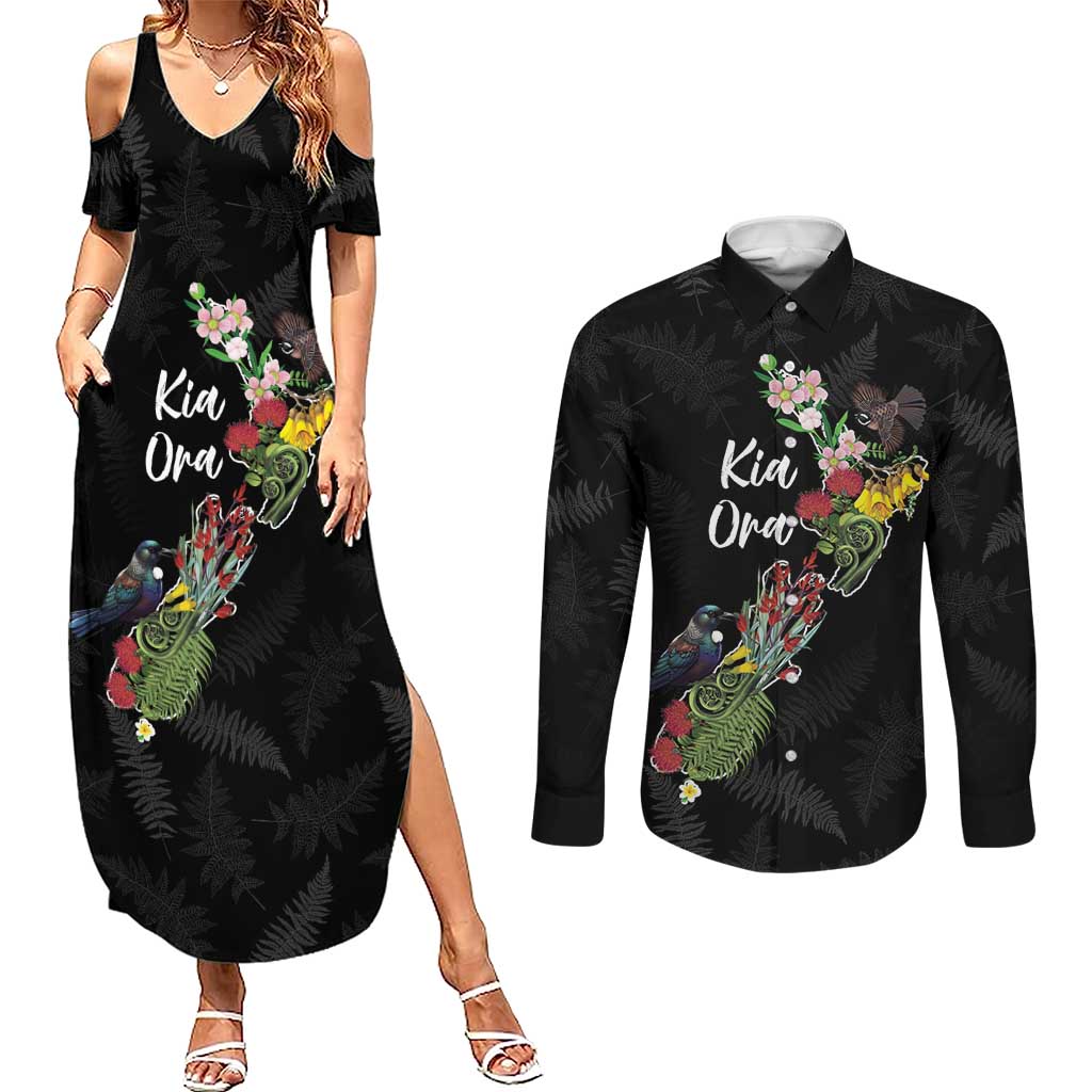Kia Ora New Zealand Floral Personalized Couples Matching Summer Maxi Dress and Long Sleeve Button Shirt Black - Aussie Hoodie