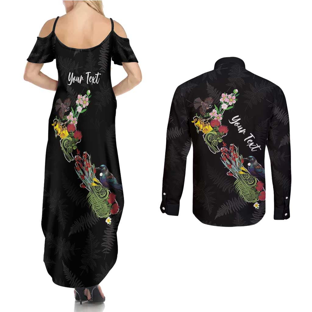 Kia Ora New Zealand Floral Personalized Couples Matching Summer Maxi Dress and Long Sleeve Button Shirt Black - Aussie Hoodie