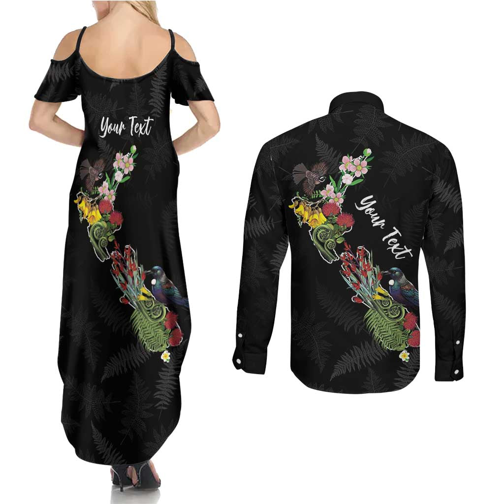 Kia Ora New Zealand Floral Personalized Couples Matching Summer Maxi Dress and Long Sleeve Button Shirt Black - Aussie Hoodie