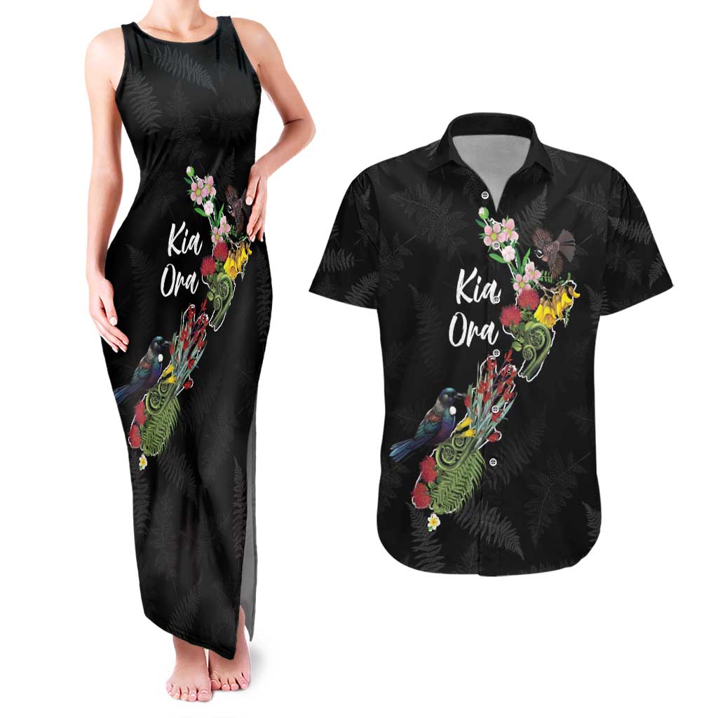 Kia Ora New Zealand Floral Personalized Couples Matching Tank Maxi Dress and Hawaiian Shirt Black - Aussie Hoodie