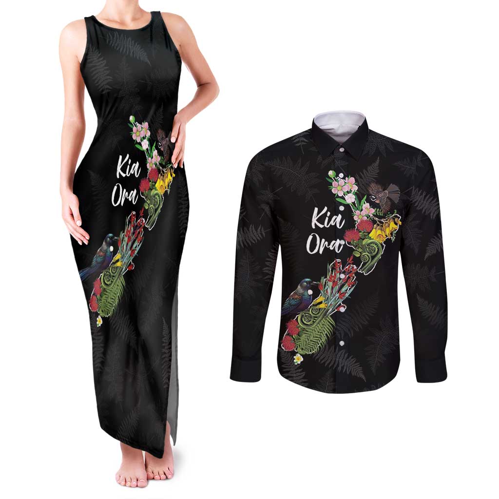 Kia Ora New Zealand Floral Personalized Couples Matching Tank Maxi Dress and Long Sleeve Button Shirt Black - Aussie Hoodie
