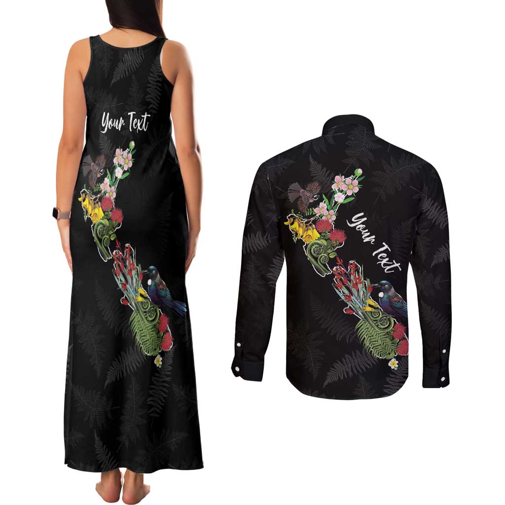 Kia Ora New Zealand Floral Personalized Couples Matching Tank Maxi Dress and Long Sleeve Button Shirt Black - Aussie Hoodie