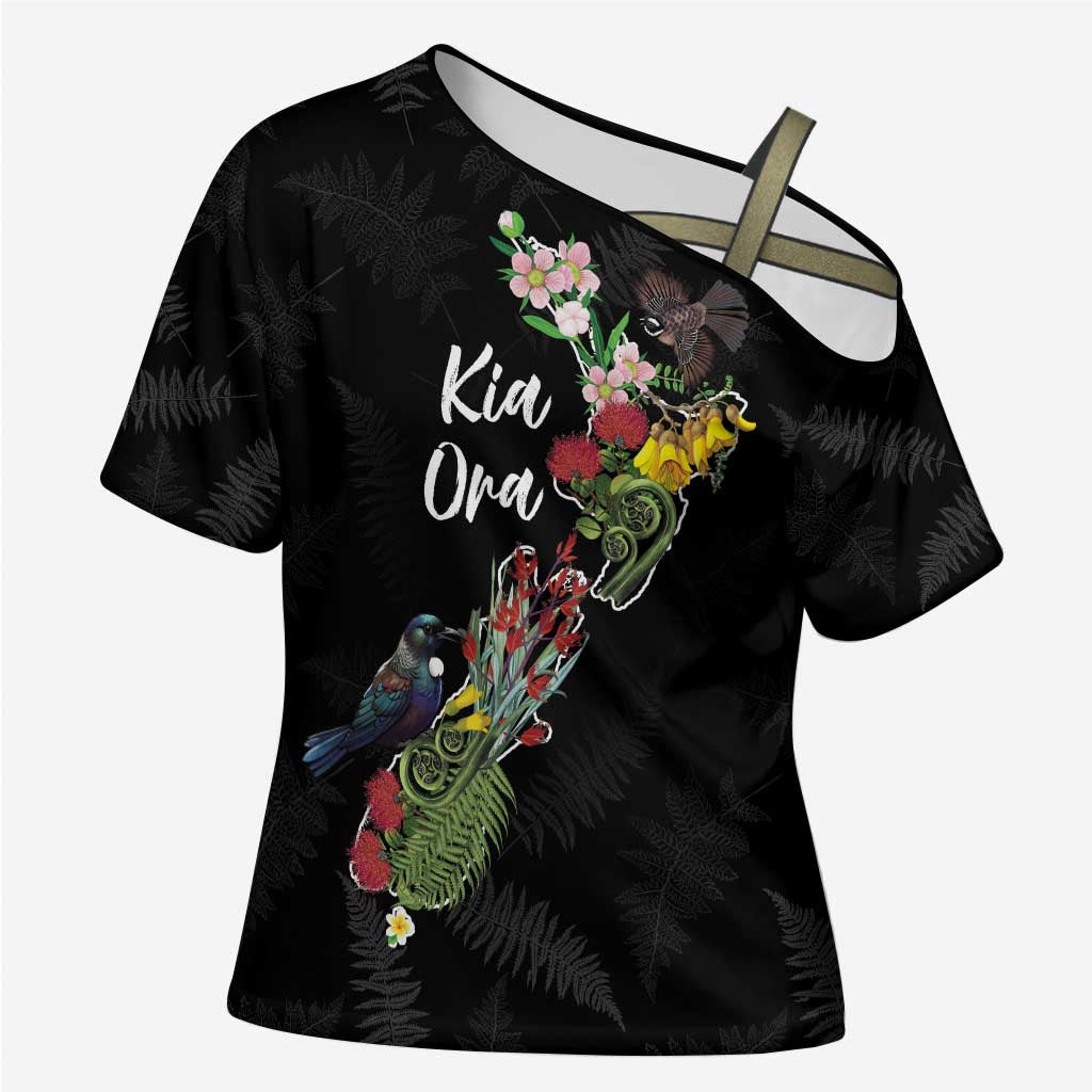 Kia Ora New Zealand Floral Personalized Cross Shoulder Shirt Black - Aussie Hoodie