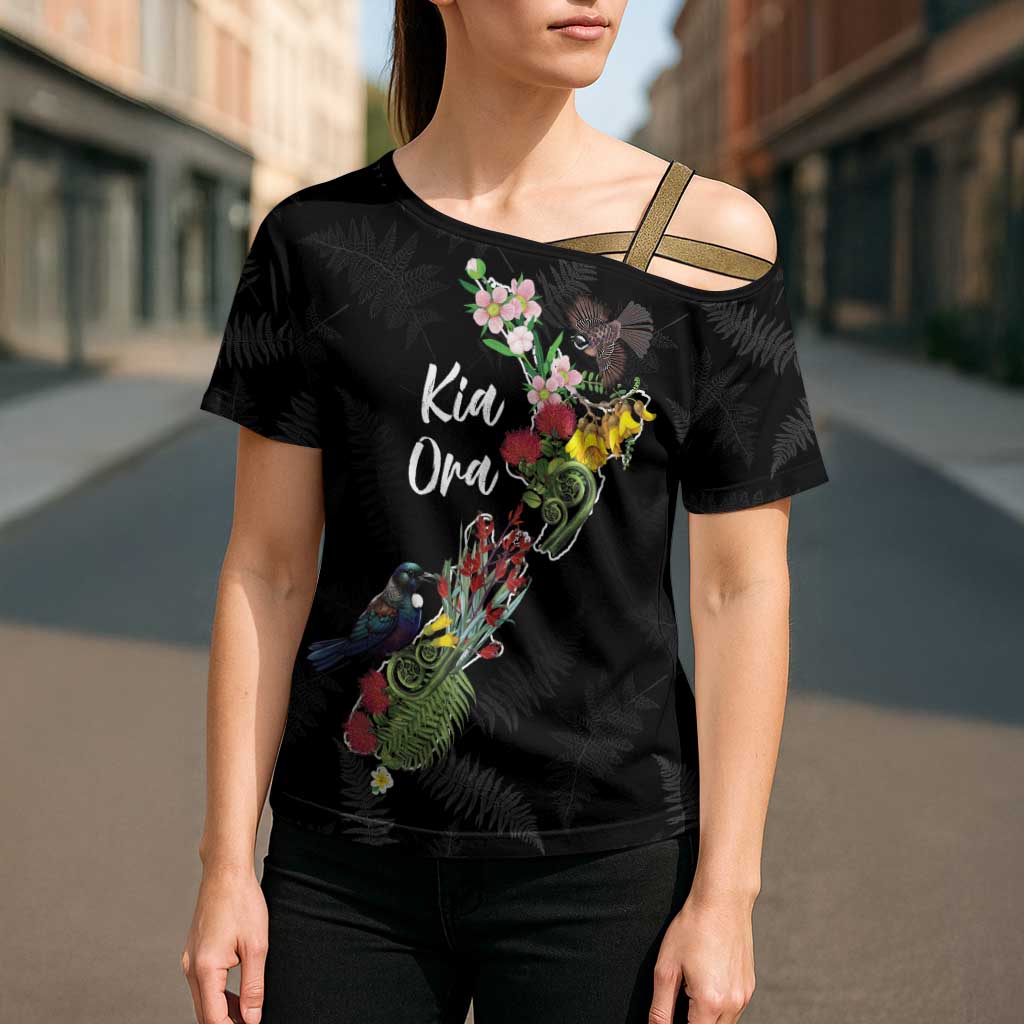 Kia Ora New Zealand Floral Personalized Cross Shoulder Shirt Black - Aussie Hoodie