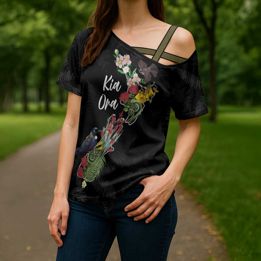 Kia Ora New Zealand Floral Personalized Cross Shoulder Shirt Black - Aussie Hoodie