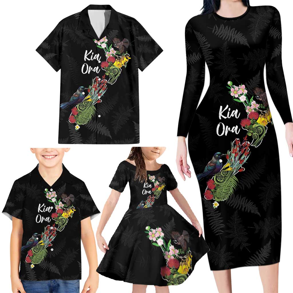 Kia Ora New Zealand Floral Personalized Family Matching Long Sleeve Bodycon Dress and Hawaiian Shirt Black - Aussie Hoodie