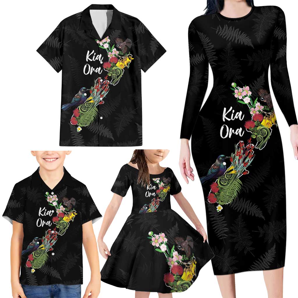 Kia Ora New Zealand Floral Personalized Family Matching Long Sleeve Bodycon Dress and Hawaiian Shirt Black - Aussie Hoodie