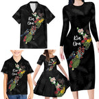 Kia Ora New Zealand Floral Personalized Family Matching Long Sleeve Bodycon Dress and Hawaiian Shirt Black - Aussie Hoodie