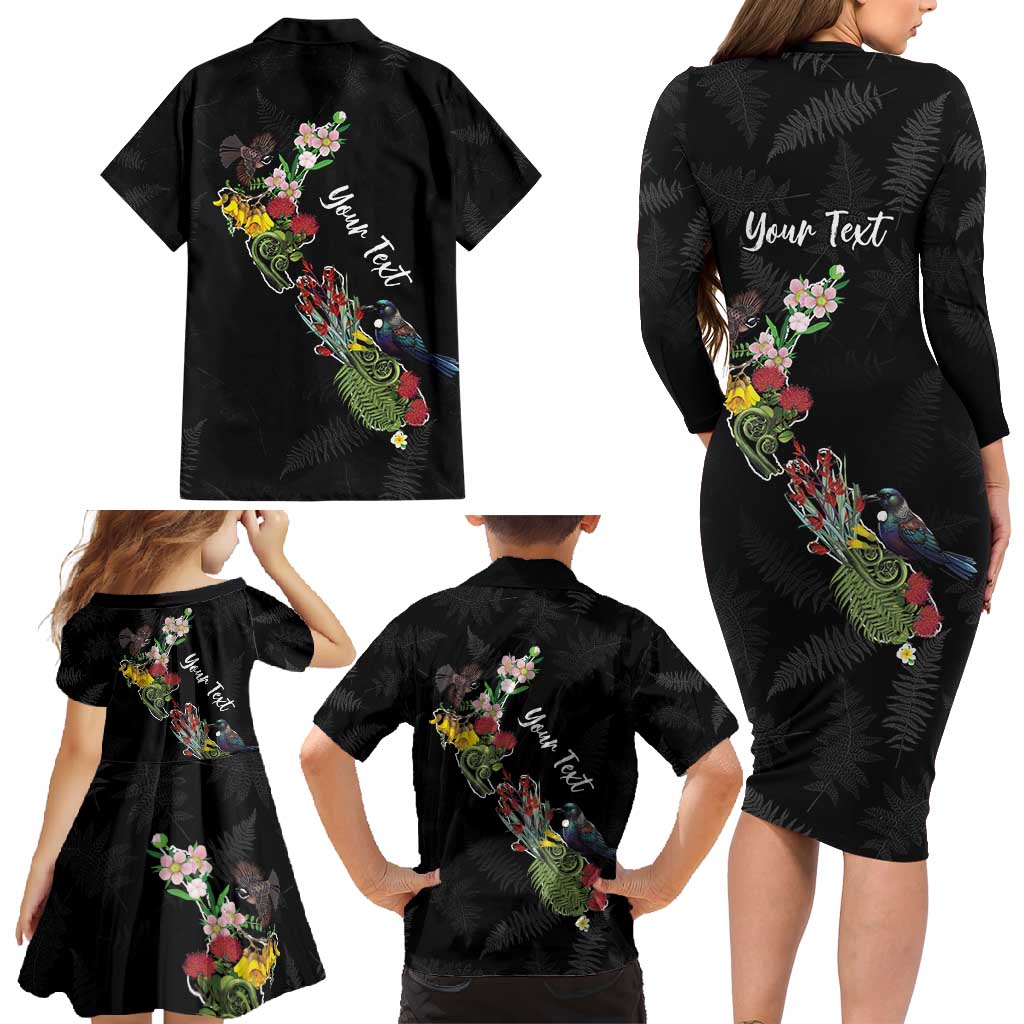 Kia Ora New Zealand Floral Personalized Family Matching Long Sleeve Bodycon Dress and Hawaiian Shirt Black - Aussie Hoodie