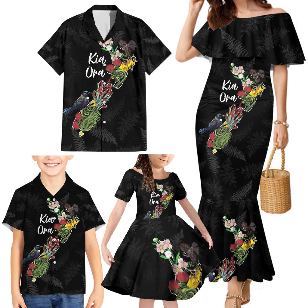 Kia Ora New Zealand Floral Personalized Family Matching Mermaid Dress and Hawaiian Shirt Black - Aussie Hoodie