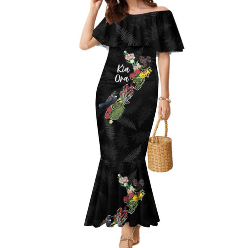 Kia Ora New Zealand Floral Personalized Family Matching Mermaid Dress and Hawaiian Shirt Black - Aussie Hoodie