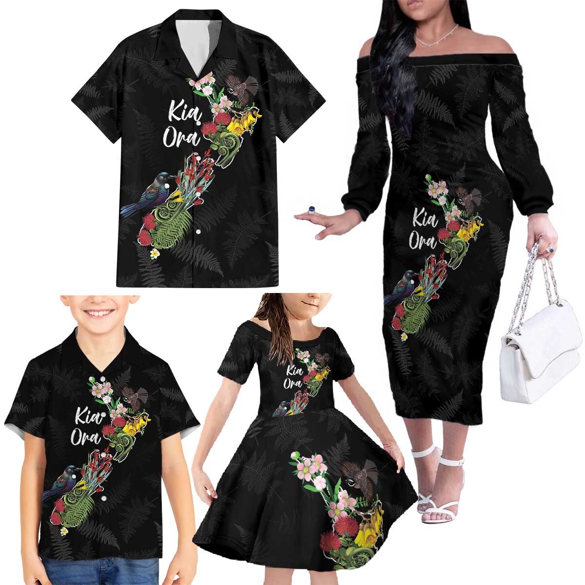 Kia Ora New Zealand Floral Personalized Family Matching Off The Shoulder Long Sleeve Dress and Hawaiian Shirt Black - Aussie Hoodie