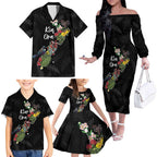 Kia Ora New Zealand Floral Personalized Family Matching Off The Shoulder Long Sleeve Dress and Hawaiian Shirt Black - Aussie Hoodie