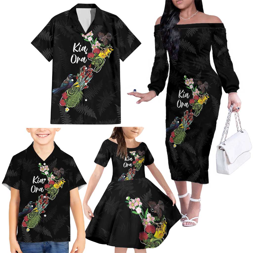 Kia Ora New Zealand Floral Personalized Family Matching Off The Shoulder Long Sleeve Dress and Hawaiian Shirt Black - Aussie Hoodie