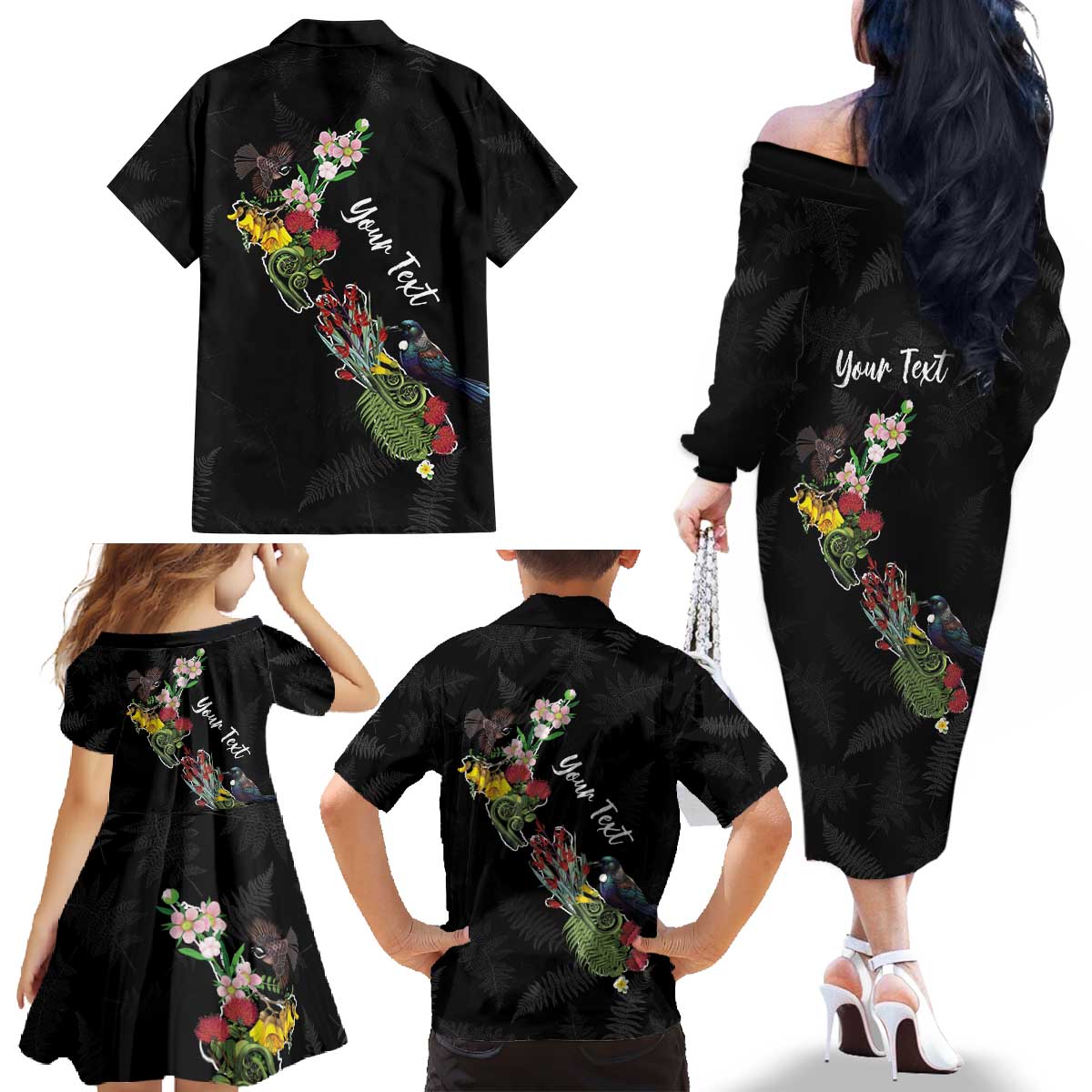 Kia Ora New Zealand Floral Personalized Family Matching Off The Shoulder Long Sleeve Dress and Hawaiian Shirt Black - Aussie Hoodie
