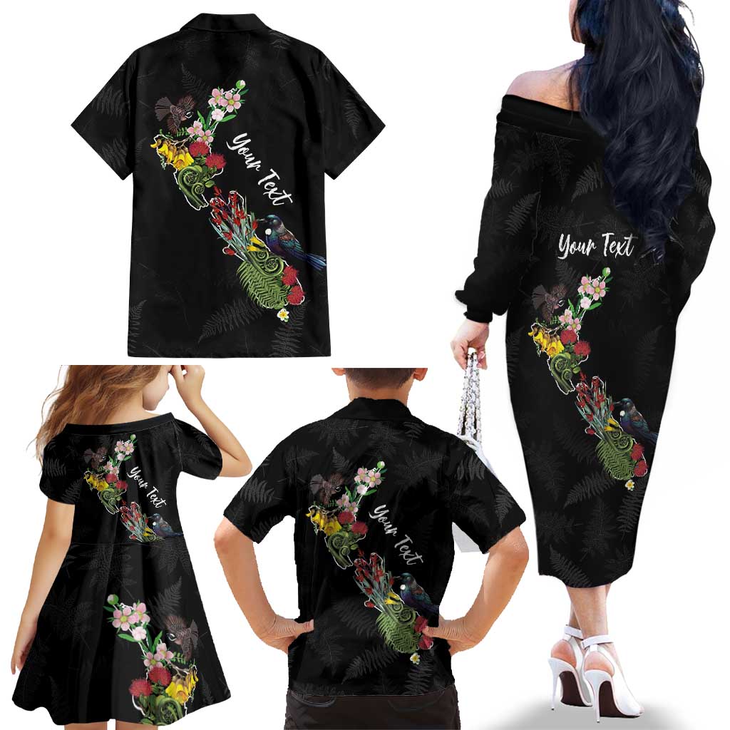 Kia Ora New Zealand Floral Personalized Family Matching Off The Shoulder Long Sleeve Dress and Hawaiian Shirt Black - Aussie Hoodie